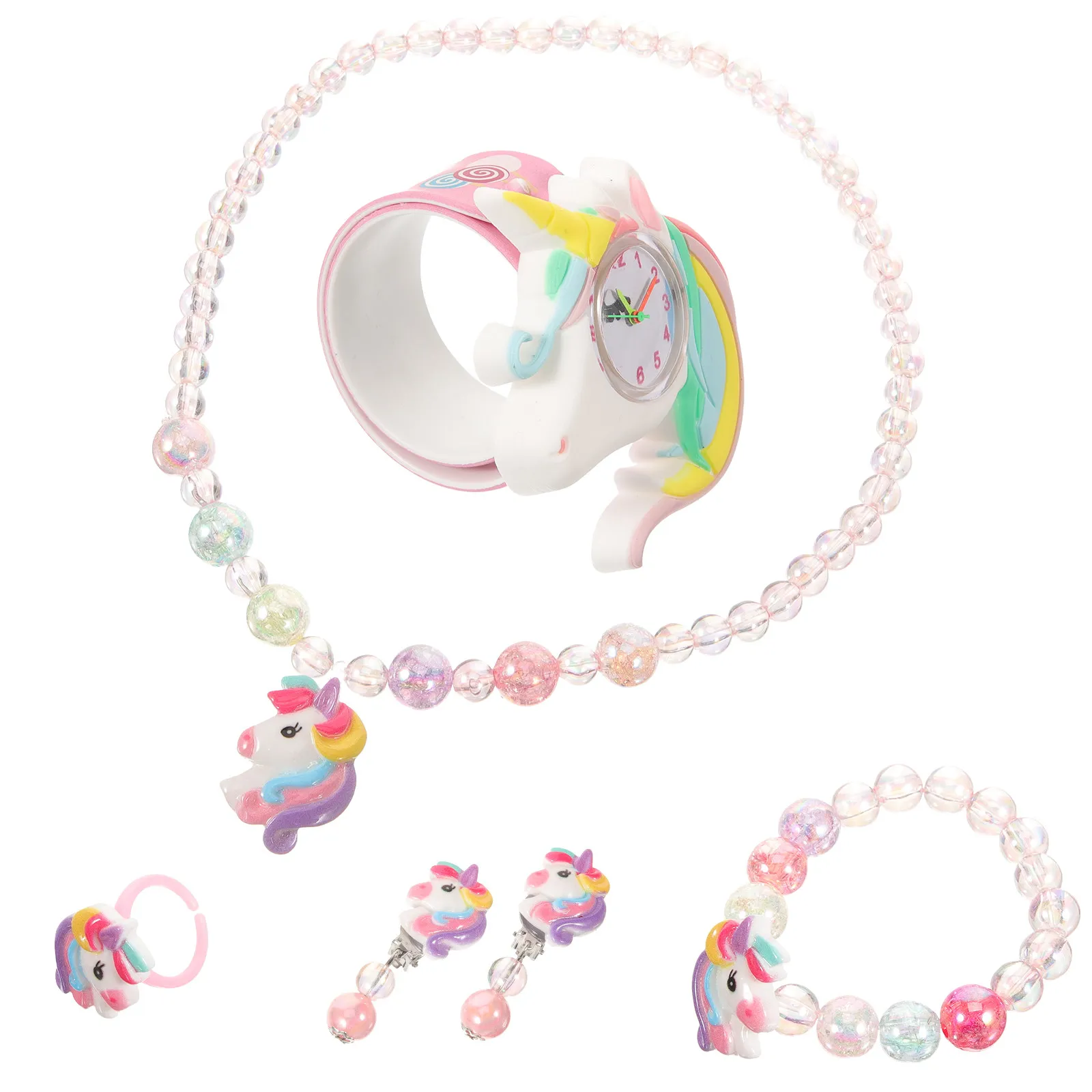 

1Set Unicorn Jewelry Set for Ages 4- Watch Bracelet Necklace Earrings Ring Cute Silicone Wristwatch Gift