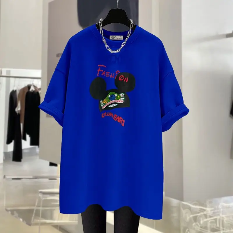 Summer Chic Cartoon Printed Pure Cotton T-shirt Women Short Sleeve O-neck Tops Loose Basics Casual M-6XL Pullovers