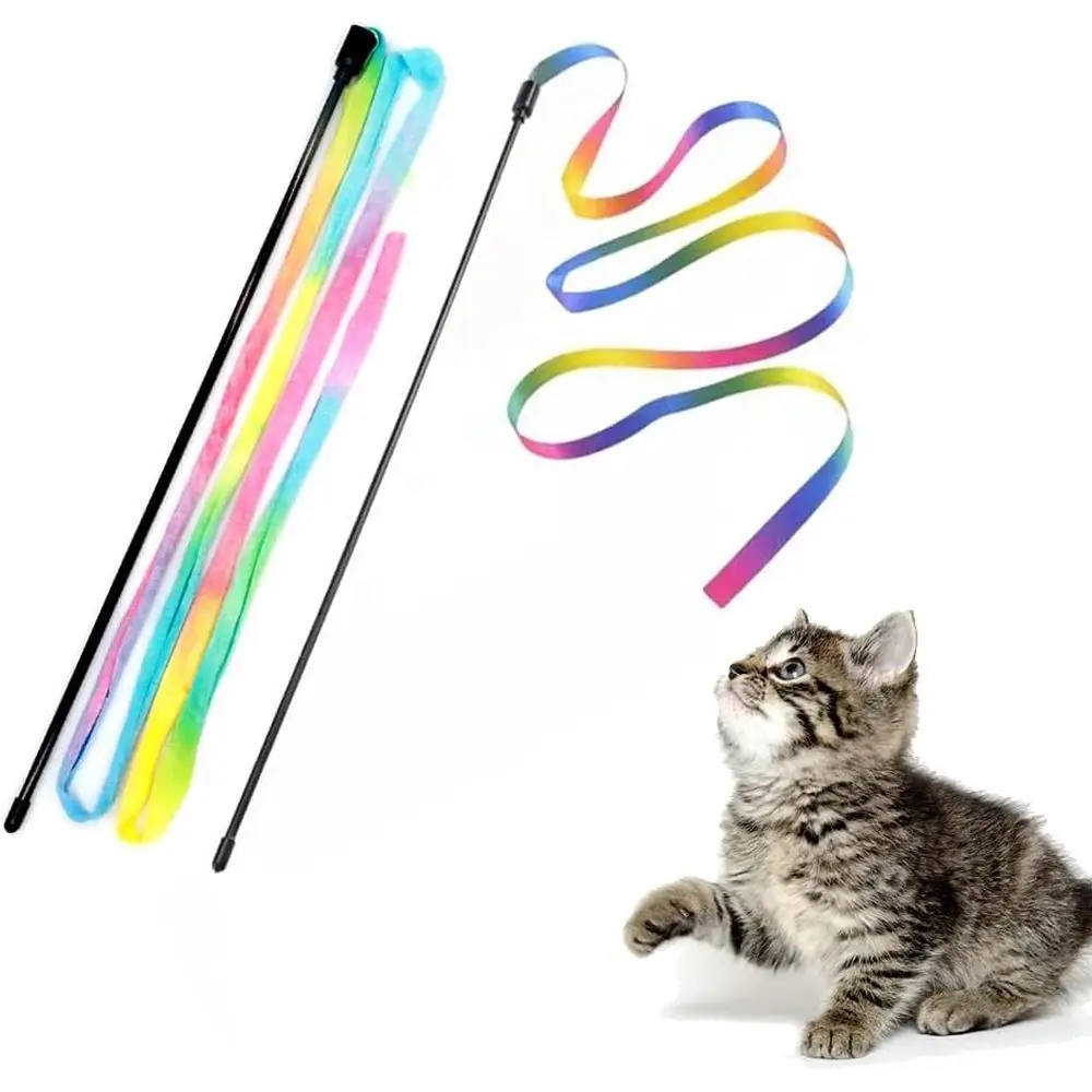 Interactive Cat Wand Toys Interactive Cat Teaser Wand String Ribbon Rainbow Charmer for Cats and Kittens - 2 Packs