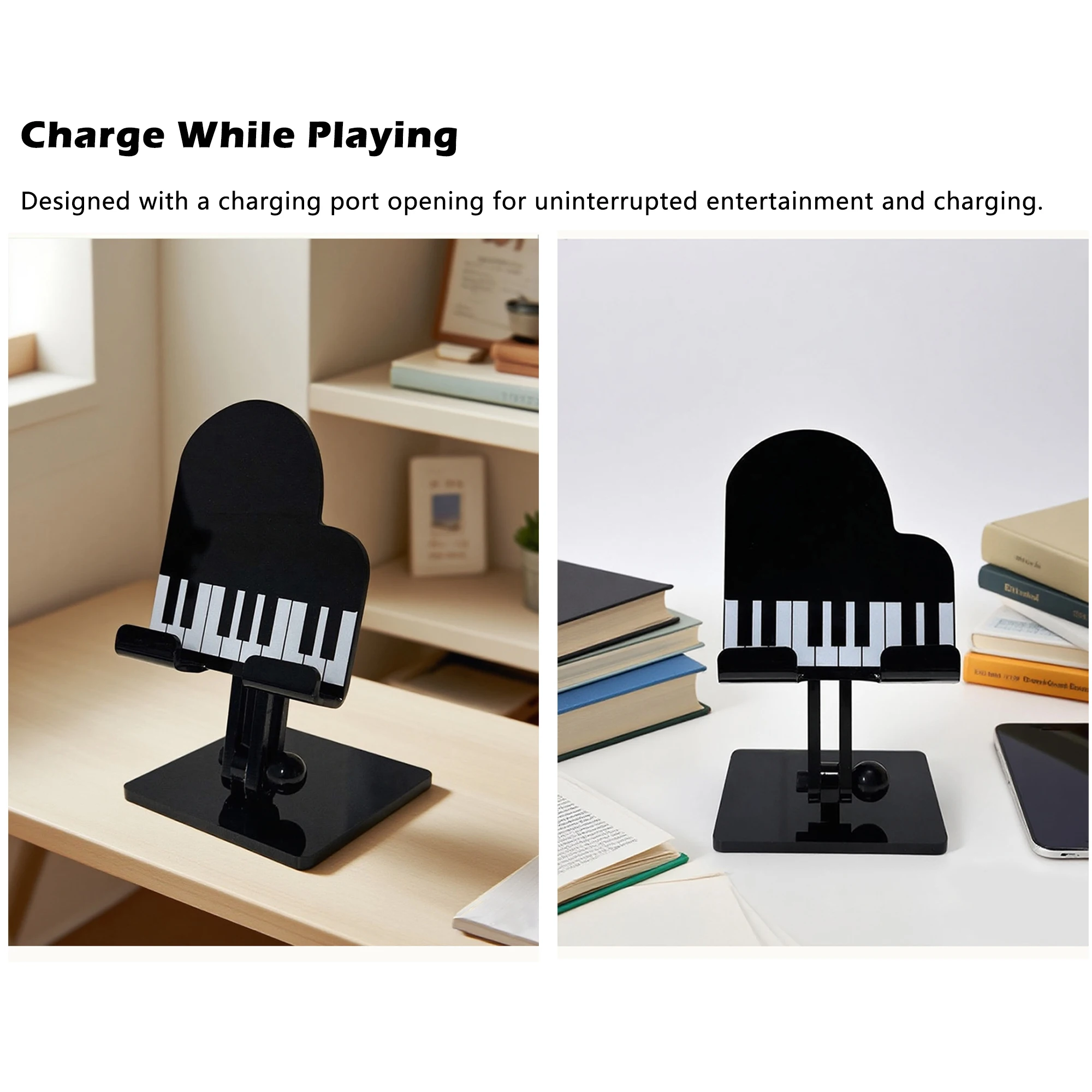 Adjustable Phone Stand with Piano Art - Foldable Desktop Dock for Cell Phone & Tablet, Stable Holder for Office, Study and Video