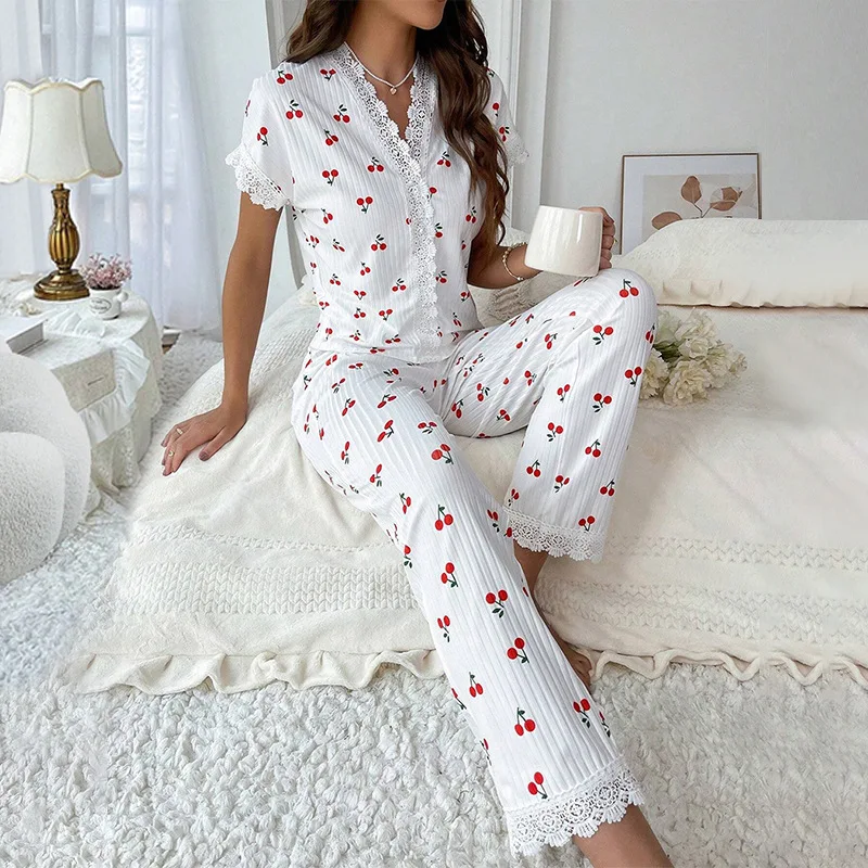 Women\'s Cherry Embroidered Lace Pajamas Short Sleeve V-Neck Set Casual Daily Wear 2 Piece Sleepwear Suit Sexy Home Clothes 2024