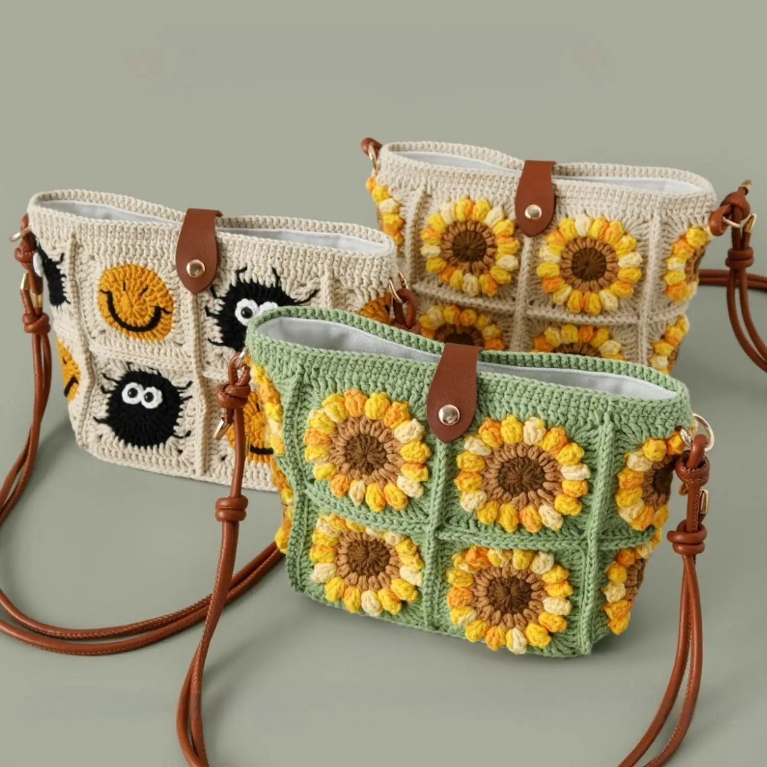Handmade Woolen Crochet Bag Hook Weaving Sunflower Smiling Face Coal Ball Crossbody Bag Segment Dyeing Sunflower Neutral Bag