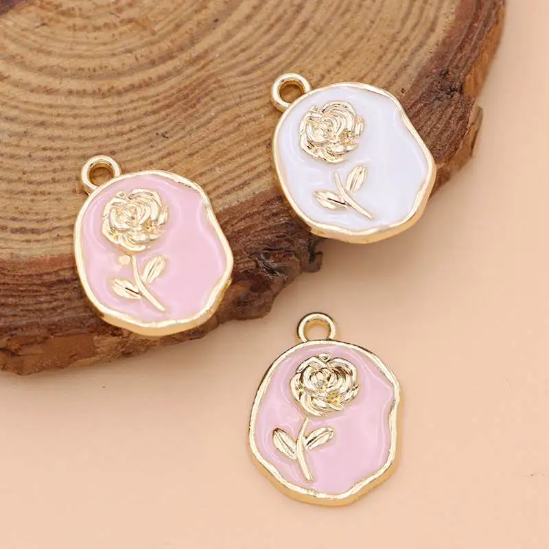 10Pcs Gold Plated Enamel Rose Flower Charm Pendant for Jewelry Making Bracelet Necklace DIY Earrings Accessories Craft