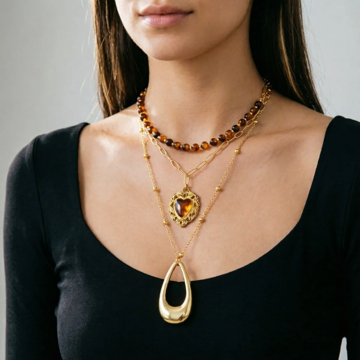 Retro Natürlicher Tigerauge-Stein Herz Hohler Wassertropfen Anhänger Halskette für Frauen Männer Mehrschichtige Tropfenform Stapelbare Choker-Schmuckstücke – Detail 18