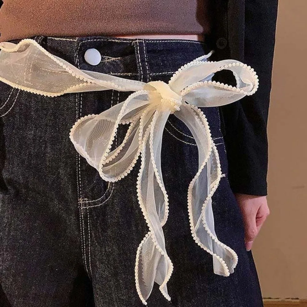 

Breathable Pearls Lace Long Scarf Lightweight Long Thin Ribbon Waistband Large Wave Flower Shape Pastoral Style