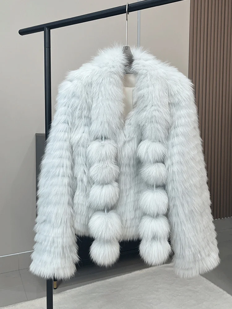 Damska kurtka z naturalnego futra lisa na zimę 2025, z przeszyciami z futra, styl Toghter, ciepła, gruba, codzienna kurtka, ciepły płaszcz, odzież wierzchnia.