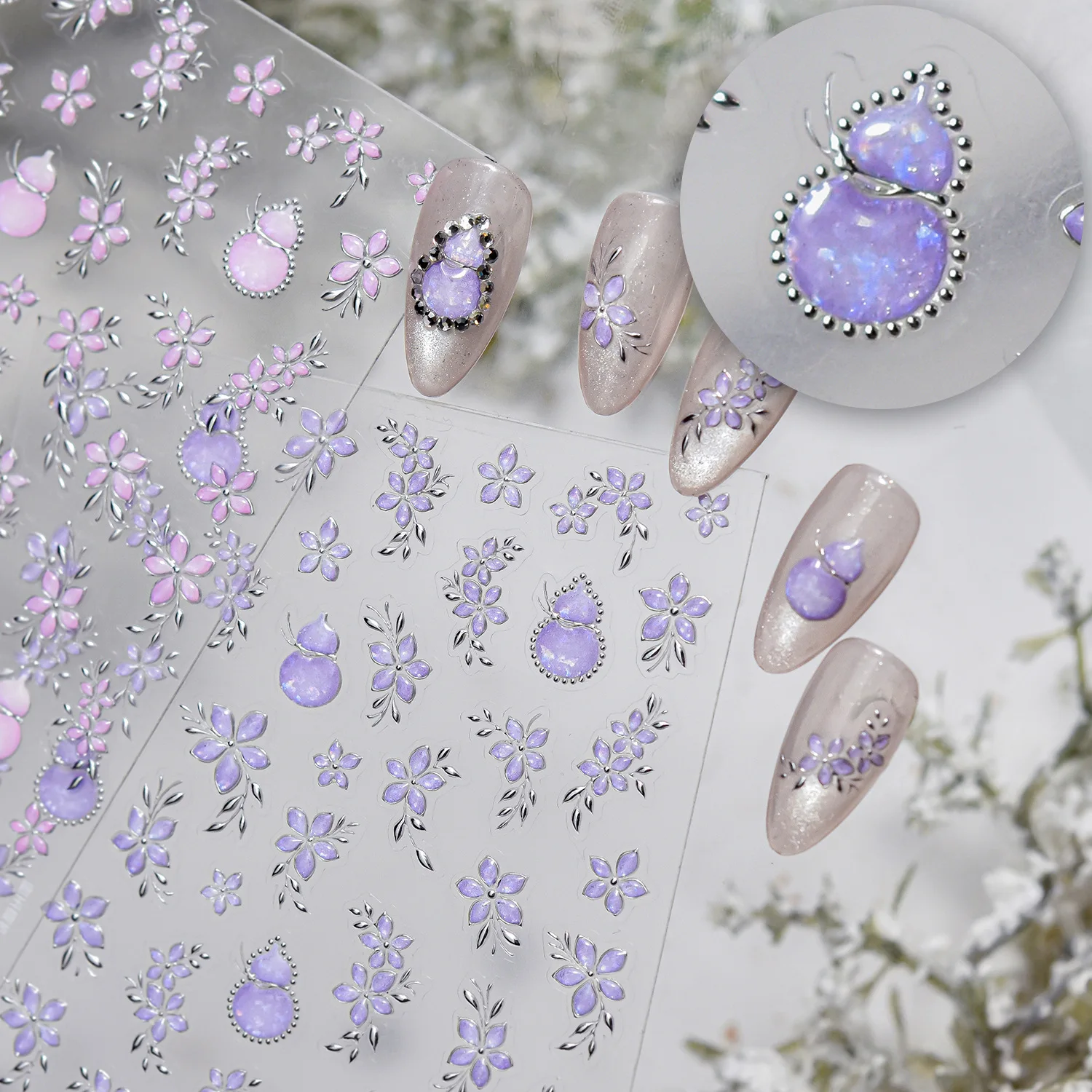 Luxury Relief Ice Transparent Purple Flower Purple Jade Gourd Nail Sticker Self-adhesive Nail Art Sticker Accessories DIY Decals