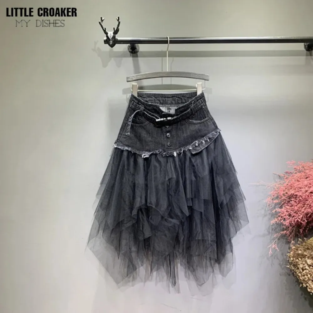 Asymmetrical Denim Jeans Tulle Skirts Womens High Waist Long Mesh Tutu Tassel Pleated Midi Gothic Skirt with Pockets Belt Black