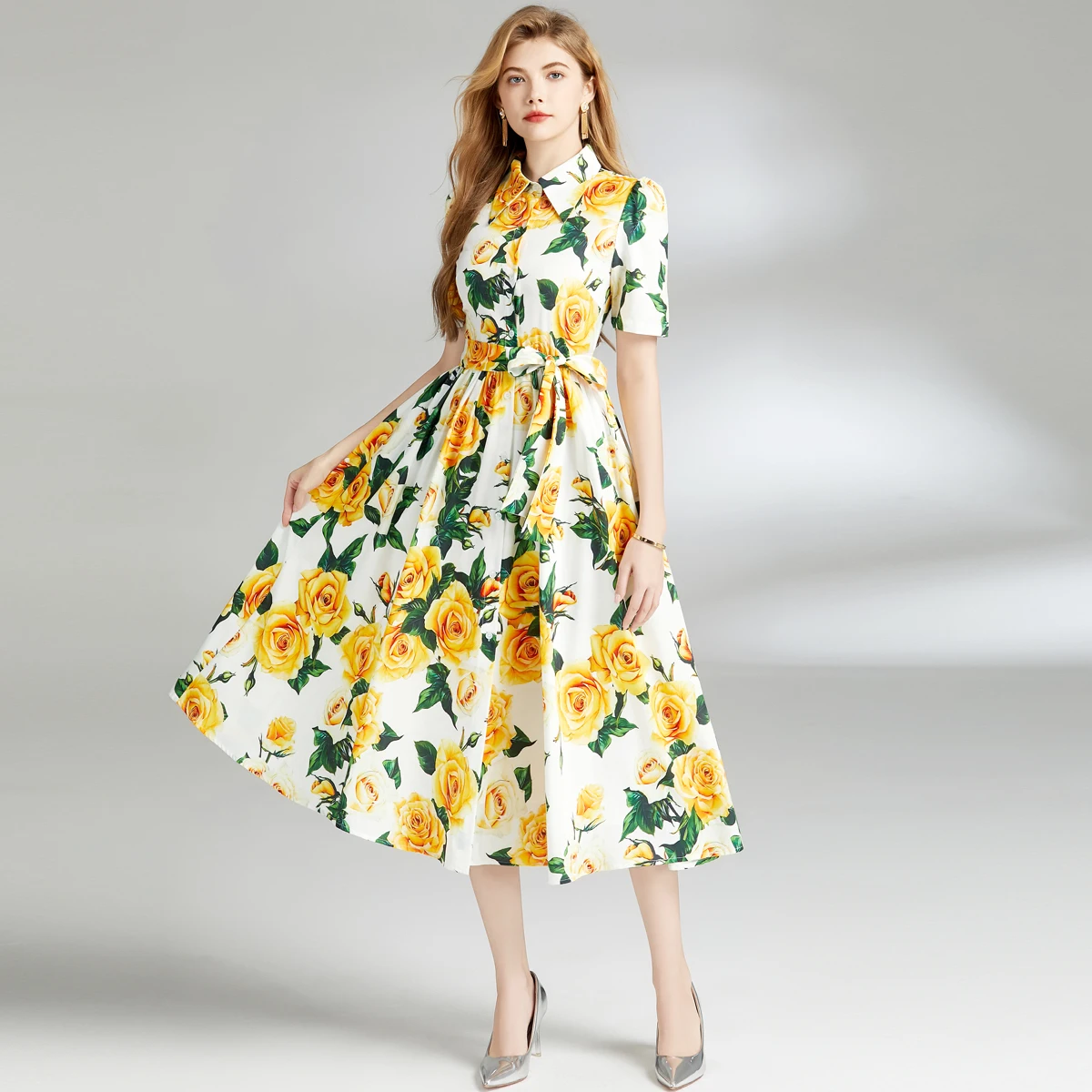 Summer Runway Shirt Dress Women\'s Lapel Yellow Rose Printed Single Breasted Lace Up Belt Short Sleeve Midi Long Vestidos 6838