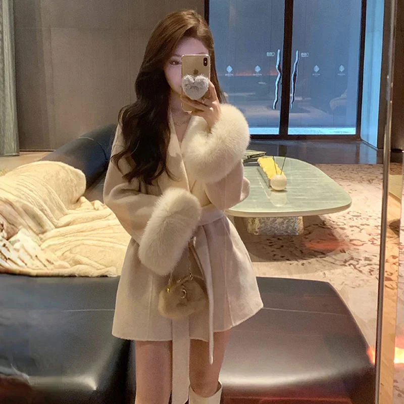 High-End Splicing Short Furry Sleeves Blend Wool Coats with Lace-u Strap Woolen Jacket with Spring and Autumn Long Sleeves Loose