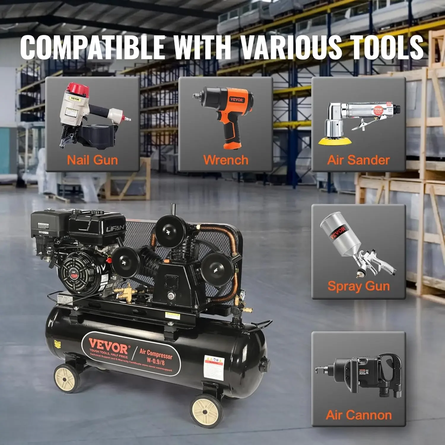 15HP Gas Powered Air Compressor, 30 Gallon Horizontal Air Compressor Tank, 33CFM@115PSI Gas Driven Piston Pump