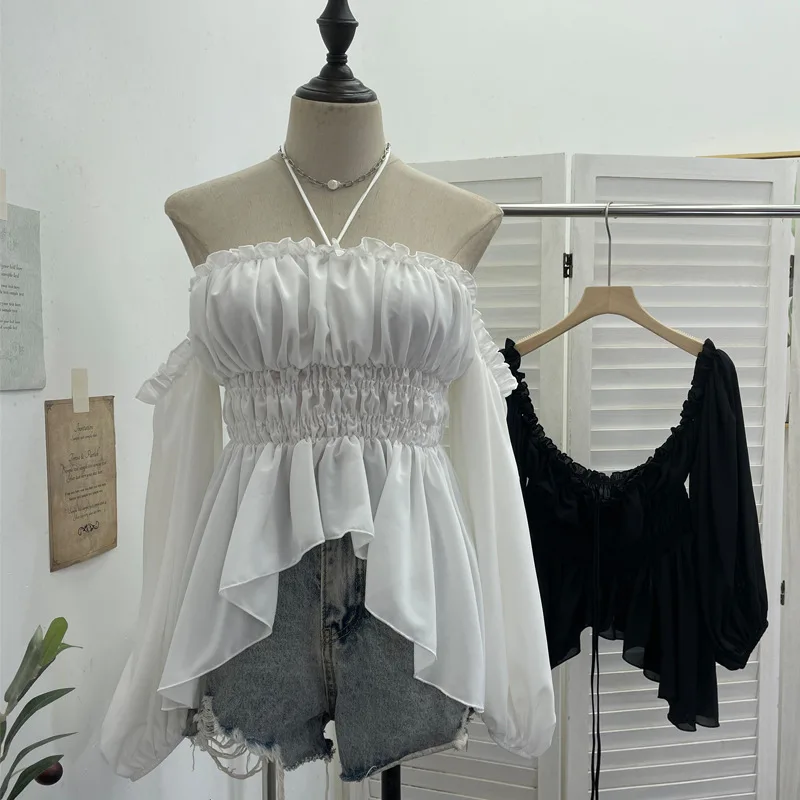 Women's Top Pure Desire Halter Neck T-shirt Ribbon Tied Off Shoulder Long Sleeve Top With Ruffles Cropped Chiffon Blouse  9635