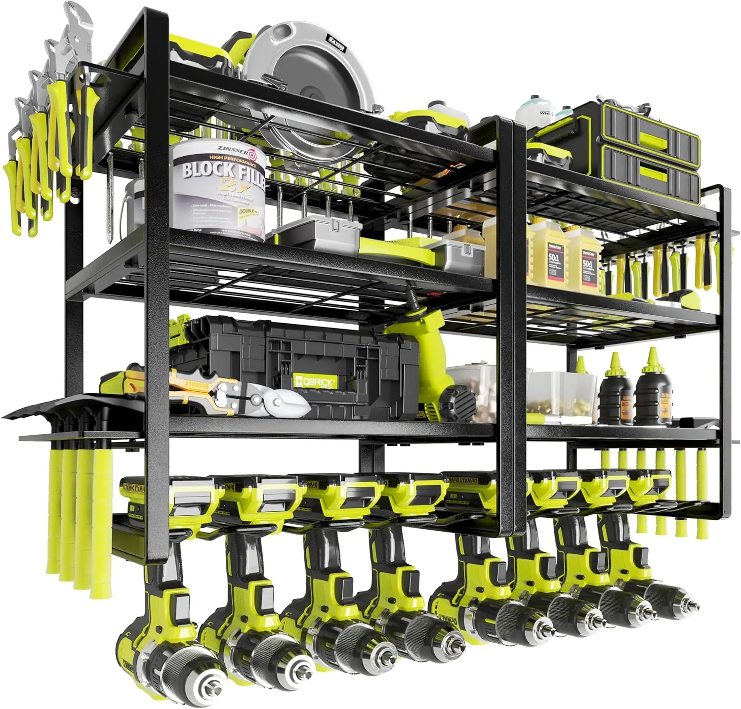 

4-Tier Drill Holder Wall Mount for Cordless Tools, Garage Storage Rack with Side Hooks, 2-Pack Set for Workshop