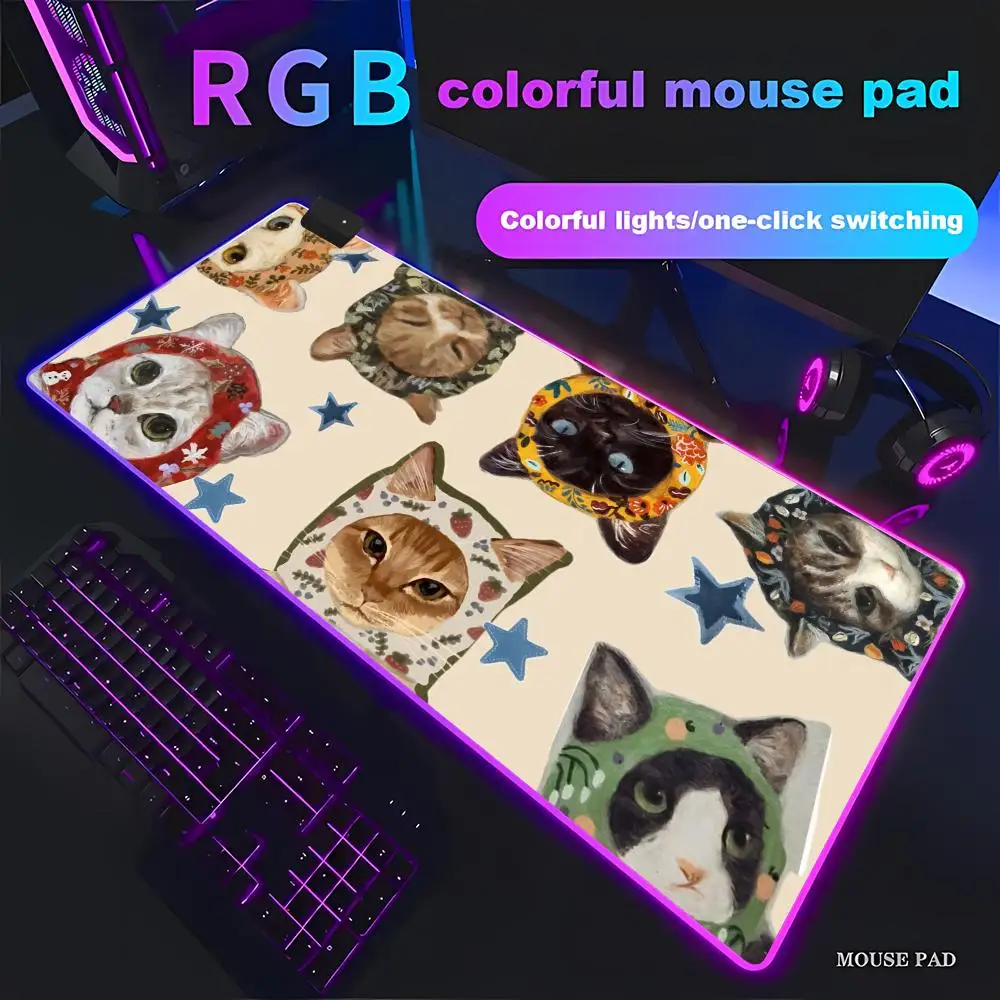 HYBXAXC Cats in Headscarves Aesthetic Mouse Pad Animation Games Beautiful RGB HD Large LED Light PC Computer pad Non-slip Decor