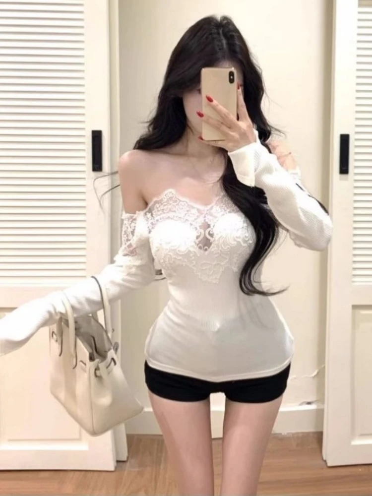 Y2k esthétique Sexy dentelle Patchwork hauts 2025 Streetwear automne Slash cou t-shirts femmes Grunge Harajuku manches évasées moulante t-shirts