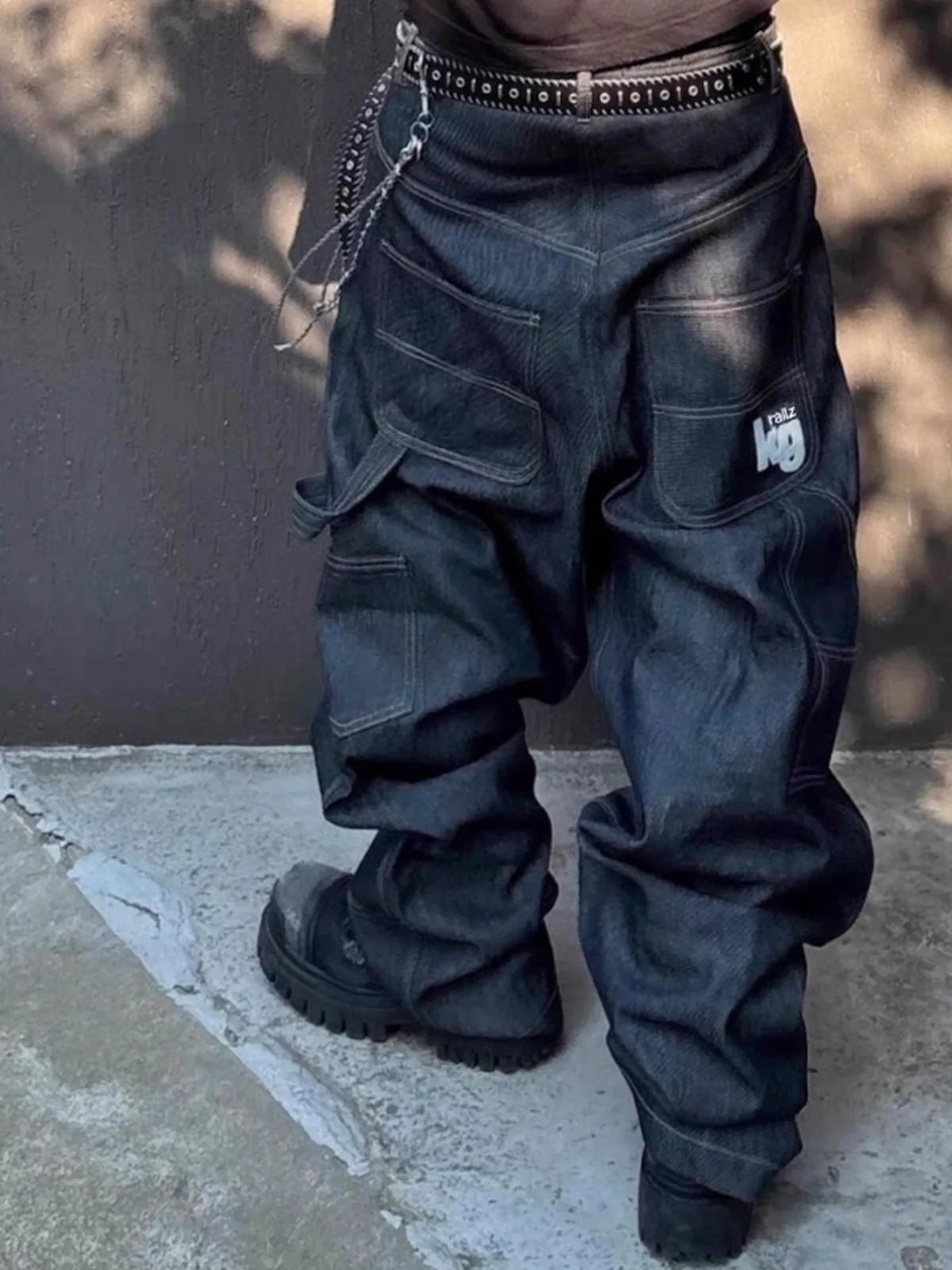 MIJKO Celana Jeans Biru Lurus Pakaian Kerja Celana Sapi Asli Bordir Banyak Saku Siluet Nyaman untuk Pria dan Wanita