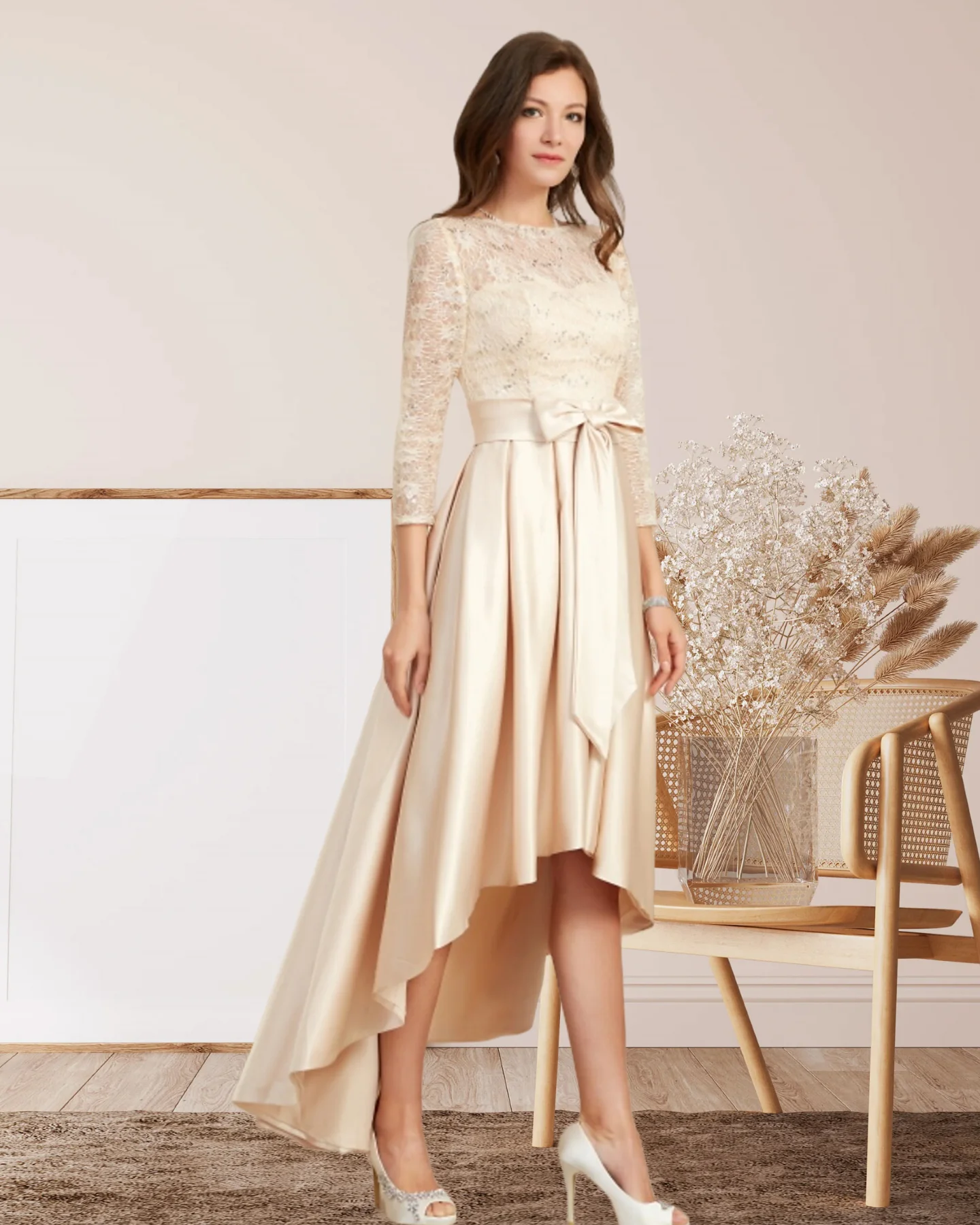 

LinasBridal A-Line Mother of the Bride Dress Wedding Guest Elegant Asymmetrical Satin 3/4 Length Sleeve with Sash / Ribbon 2024