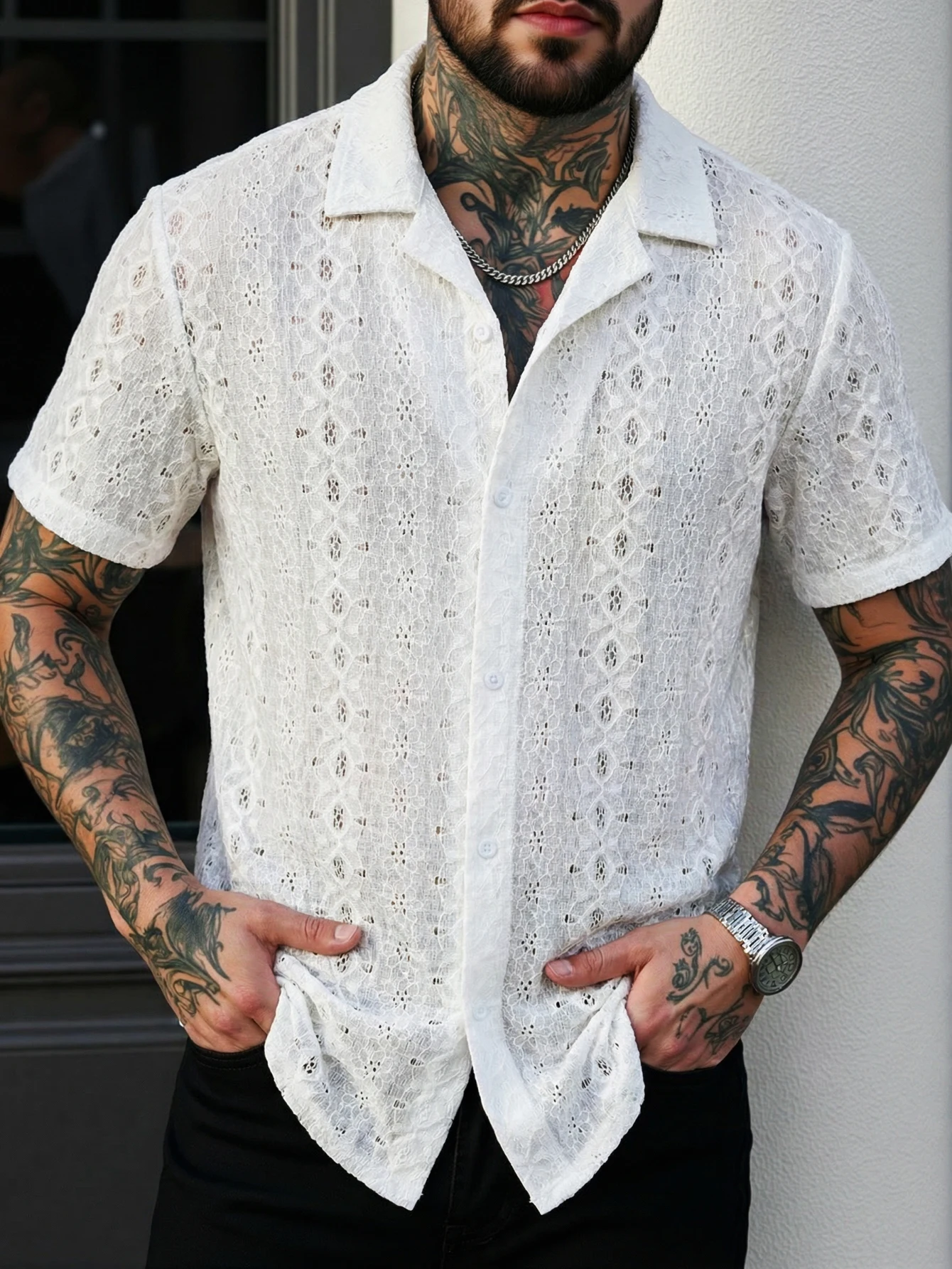 Men's Lace Hollow-out Shirt, Nightclub Party Sexy Perspective Dress, Breathable Casual Business Men's Shirt