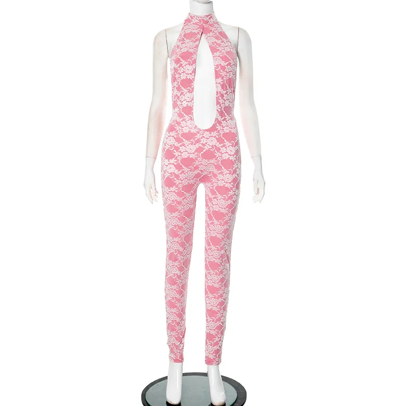 Three Sisters New Arrivals 2025 Summer Fashion Sexy Prom Nightclub Woman Clothing Lace Up Sleeveless Lace Backless Pink Jumpsuit: Nowości Three Sisters Lato 2025 Moda Sexy Sukienka na Bal Klubowa Damska Odzież Sznurowana Bez Rękawów Koronkowa Bez Pleców Różowy Kombinezon