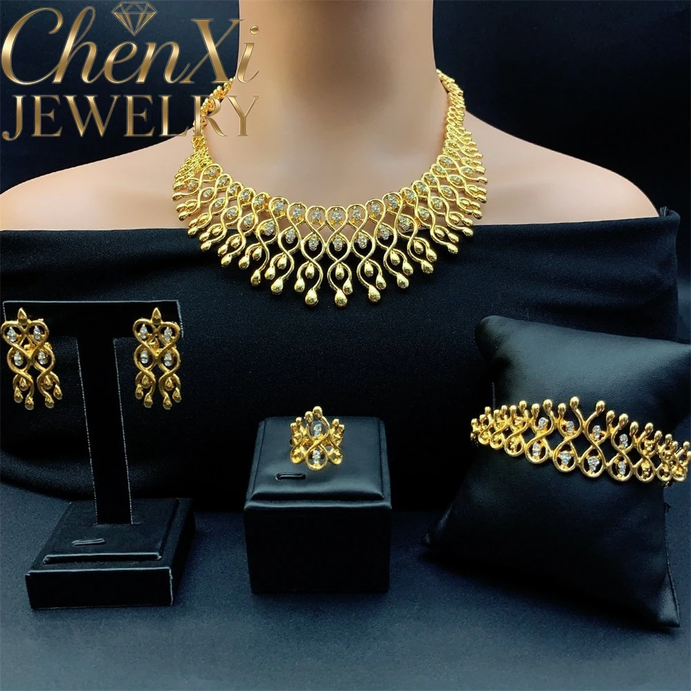 High-End Luxury Alluvial Gold Tassel Fashion Popular Jewelry Set Women Wedding Party Banquet Necklace Earrings Ring 4pcs Gift