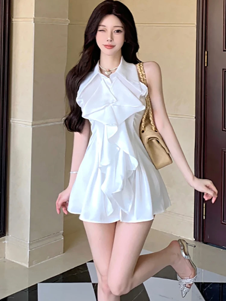 Summer White Ruffled Bodycon Short Dress Women Fashion Chic Sleeveless Polo Collar Shirt Dress 2025 Korean Elegant Casual Dress