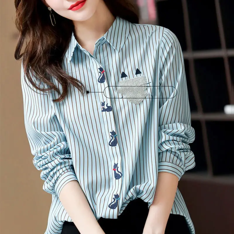 Fashion Printed Lapel Loose Embroidery Striped Shirt Women\'s Clothing 2022 Autumn New Casual Tops All-match Office Lady Blouse