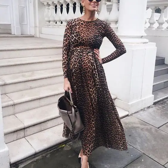 

2025 European and American Women's Leopard Print Round Neck Cotton Maternity Long Sleeve Maxi Dress Photography Dress Preganncy