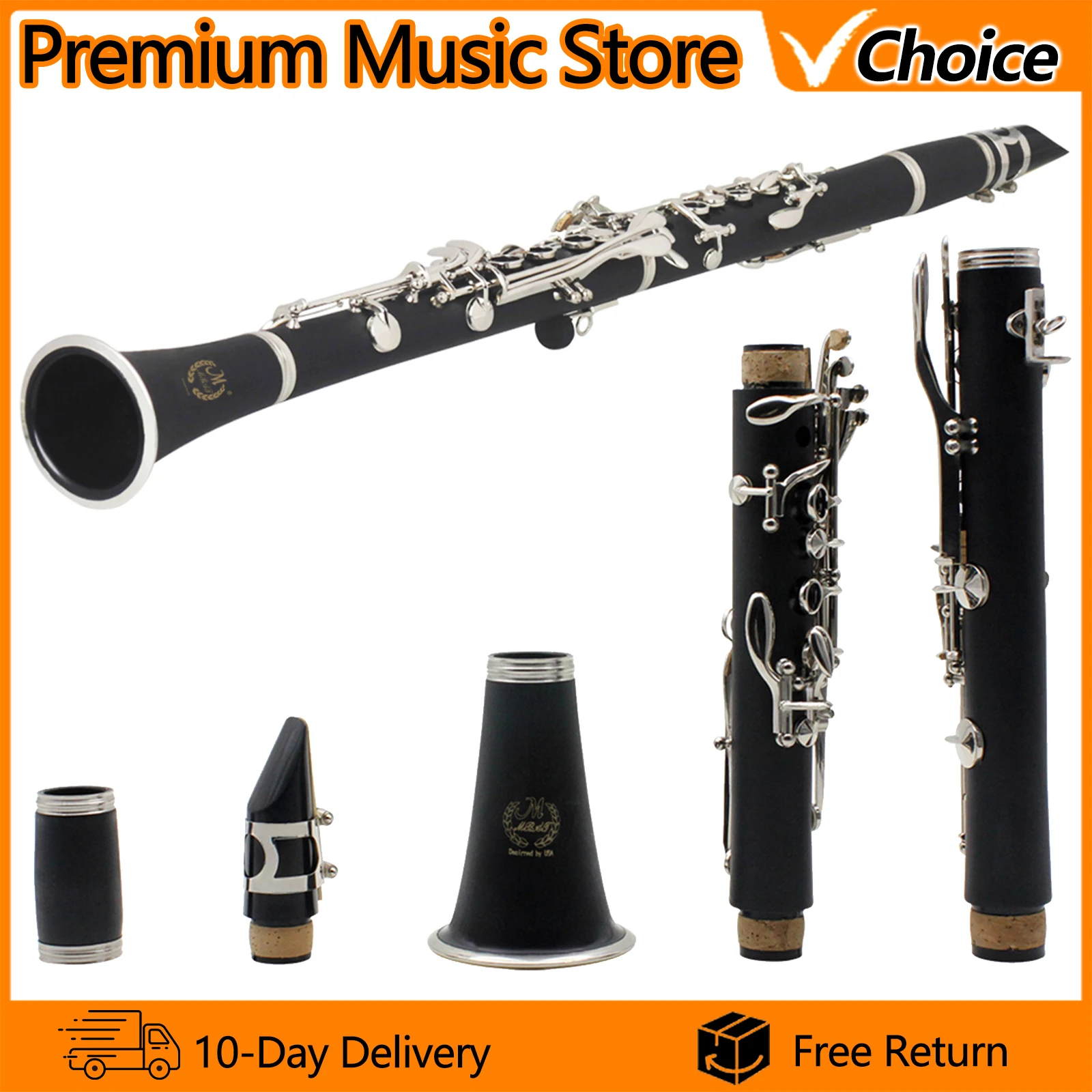 Clarinete M MBAT Bb de 17 Llaves, Material del Cuerpo de Baquelita, Instrumentos de Viento Madera, Clarinete con Estuche, Paño de Limpieza y Accesorios