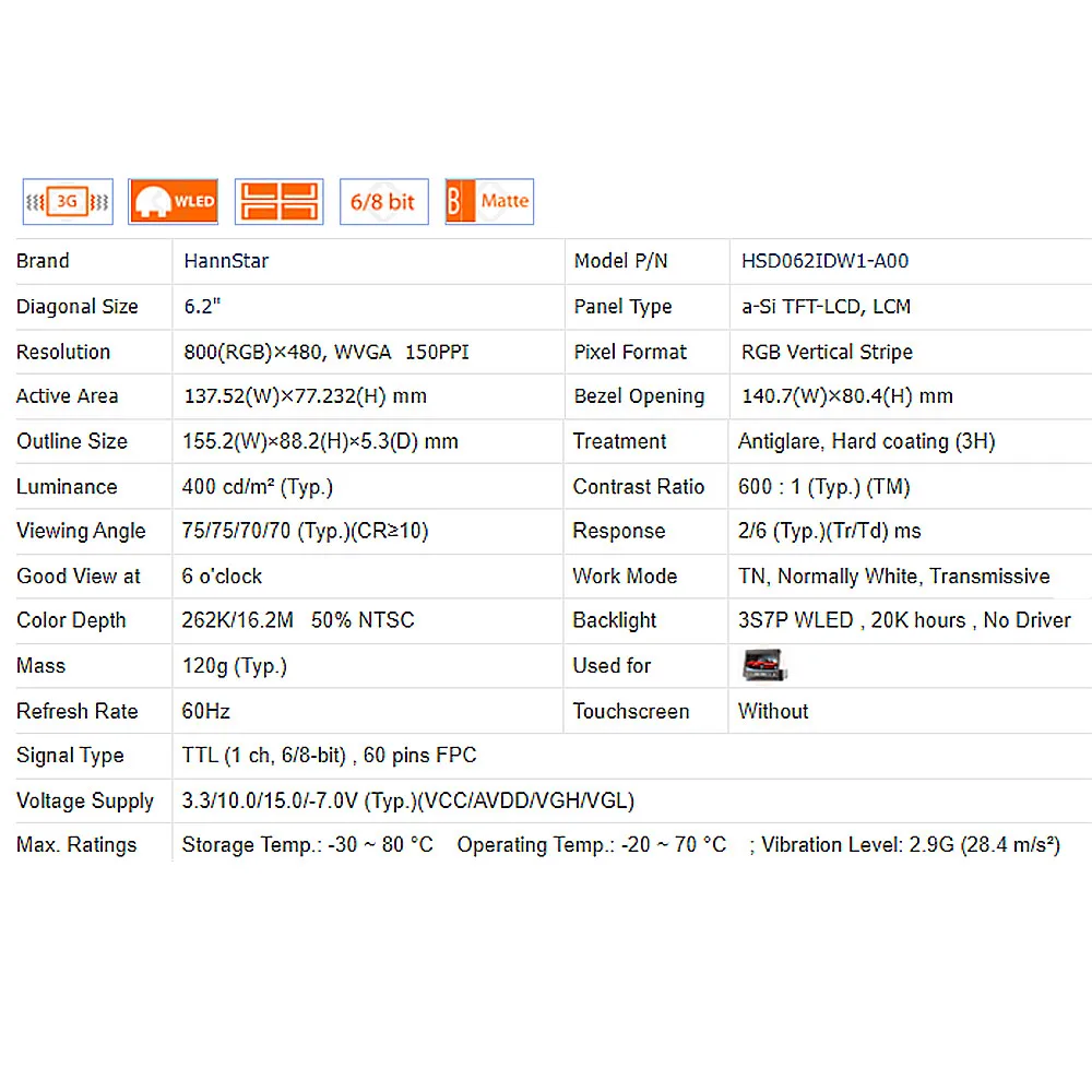 6.2 Inch LCD Screen HSD062IDW1-A00 -A20 Car DVD Navigation Replacement Parts