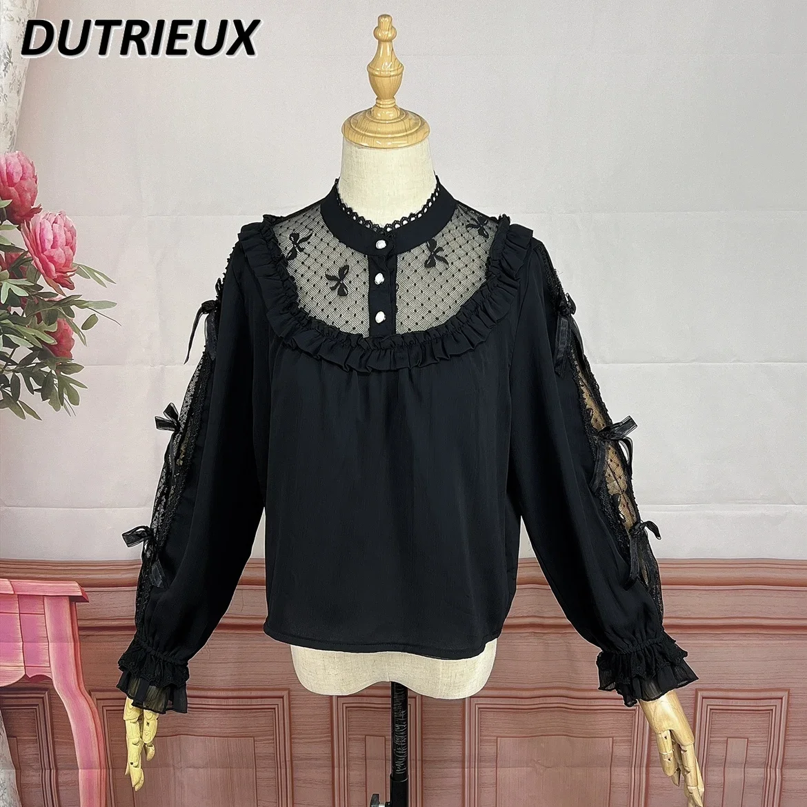 

Lolita Style Lace Chiffon Shirt Stand-Up Collar Long Sleeve Tops for Women Elegant Lotus Leaf Edge Loose Casual Blouse Female