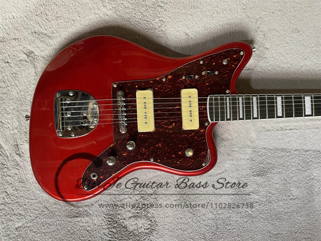 Metal Red Electric Guitar Jag Body Rose Wood fingerboard Shell Inlaid Red Tortoiseshell guard Board P90 Pickup Retro Tuner