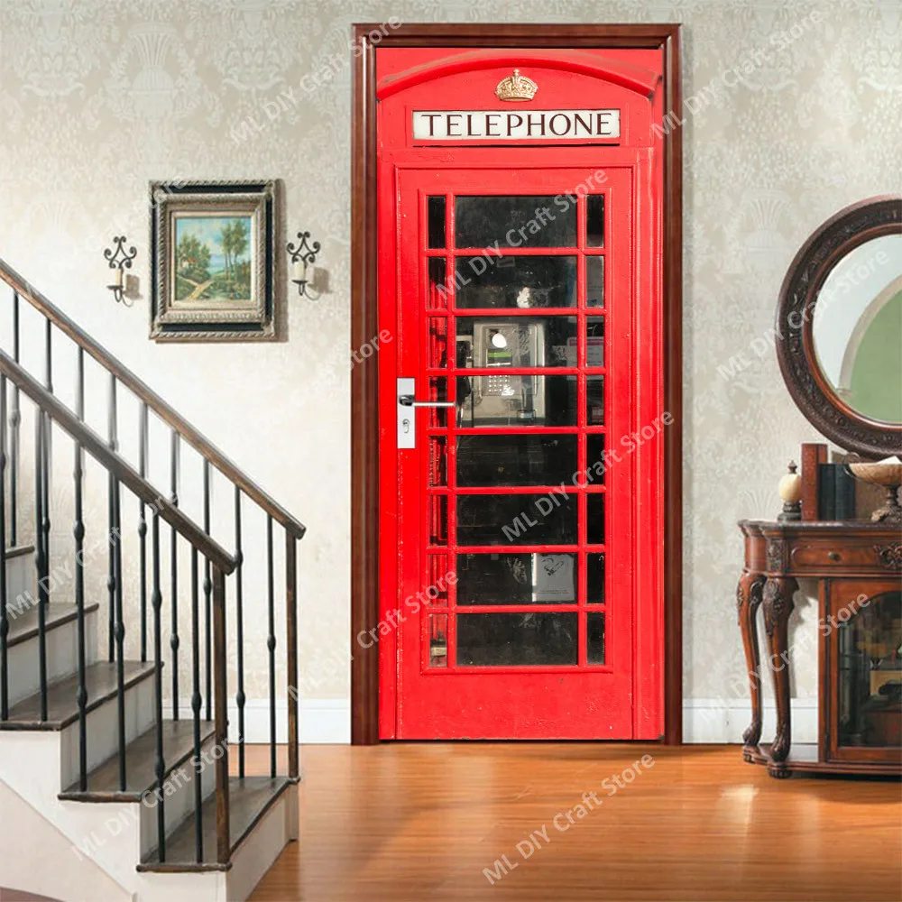 Red Telephone Booth Door Sticker Creative Environmentally Friendly PVC 3D Retro Refurbished Self-adhesive Bedroom Wall Sticker