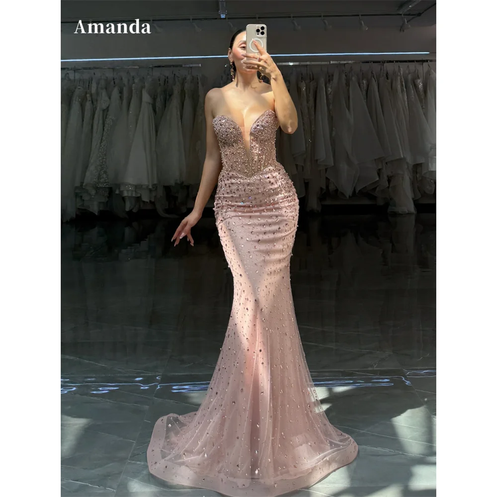

Amanda Customized Pink Mermaid Rhinestones Prom Dress Beading Sweetheart Neck vestidos de noche Luxury Sleeveless Formal Evening