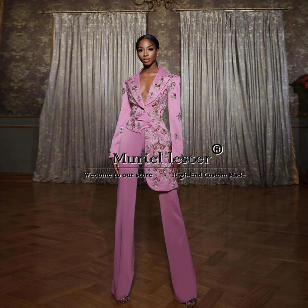 Handmade Crystals Beading Suits Women Formal Party Mother Wedding Tuxedos Tailored Unique Design Jacket Pants 2 Piece Lady Dress