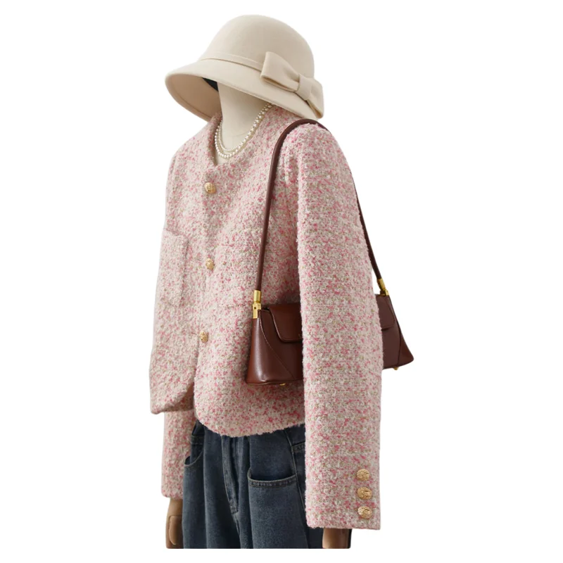 

Women's Short Tweed Jacket with Gold Buttons Pink Beige Bouclé Coat Casual Blazer for Spring Fall