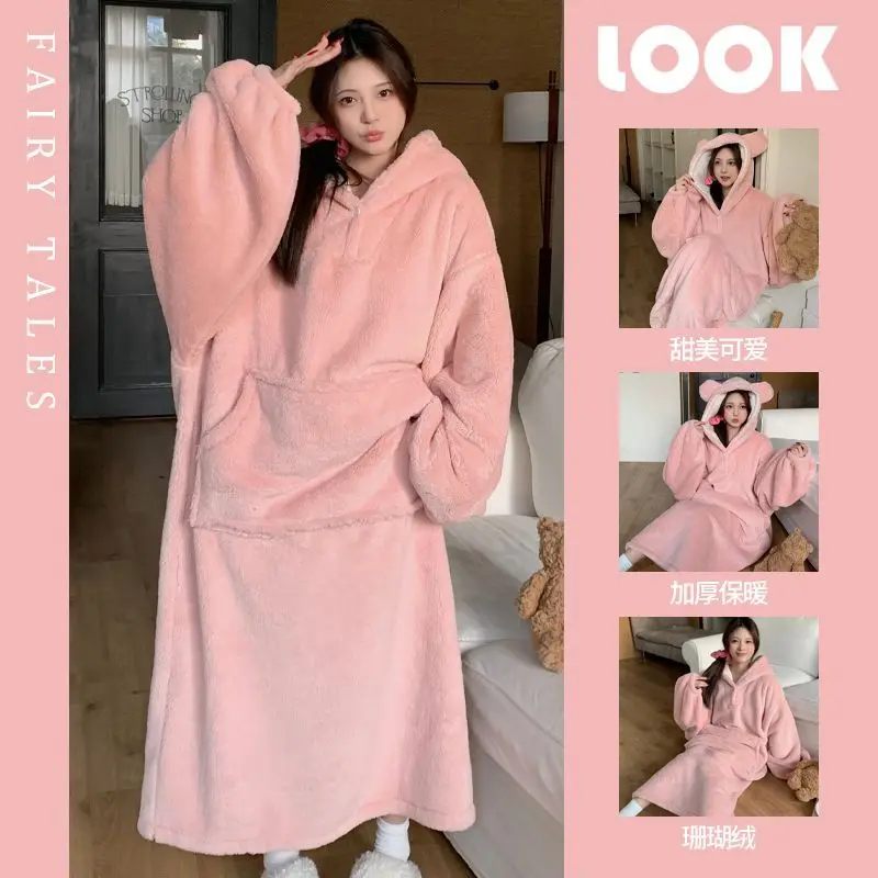 

Женский осенне-зимний утолщенный халат из кораллового флиса с капюшоном, милая, свободная одежда для дома больших размеров.