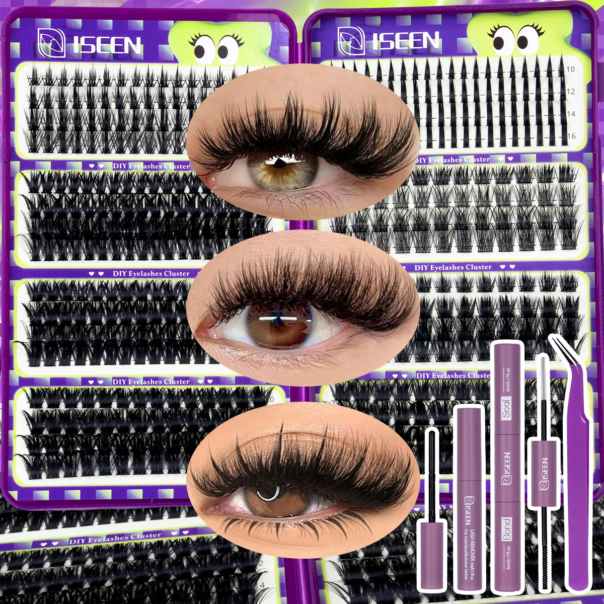 Lash Clusters Kit Individual Lash Extensions Kit Wispy Eyelash Clusters with Lash Bond and Seal and Tweezers Styles Mix