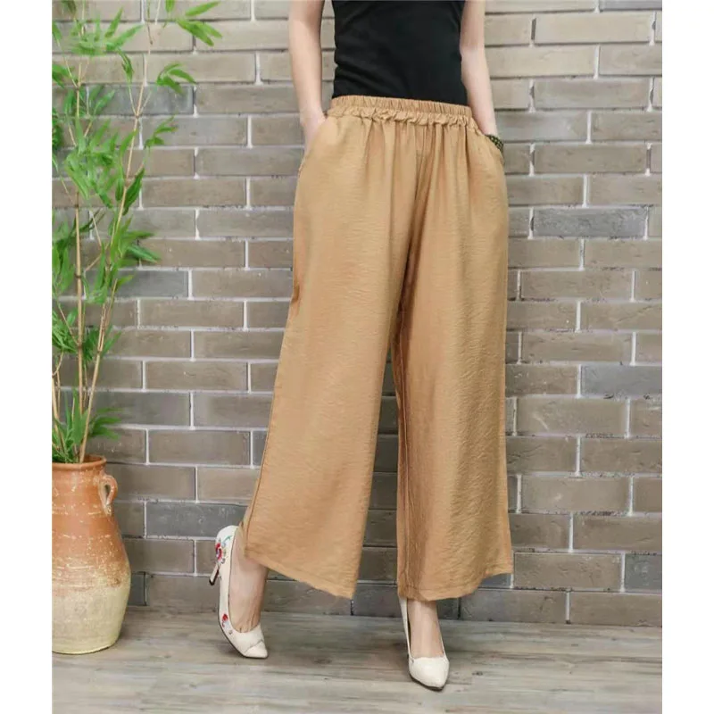 Casual Simplicity Women's Elastic Waist Wide Leg Cropped Pants All-match Fashion Solid Color Trousers Summer Female Clothing