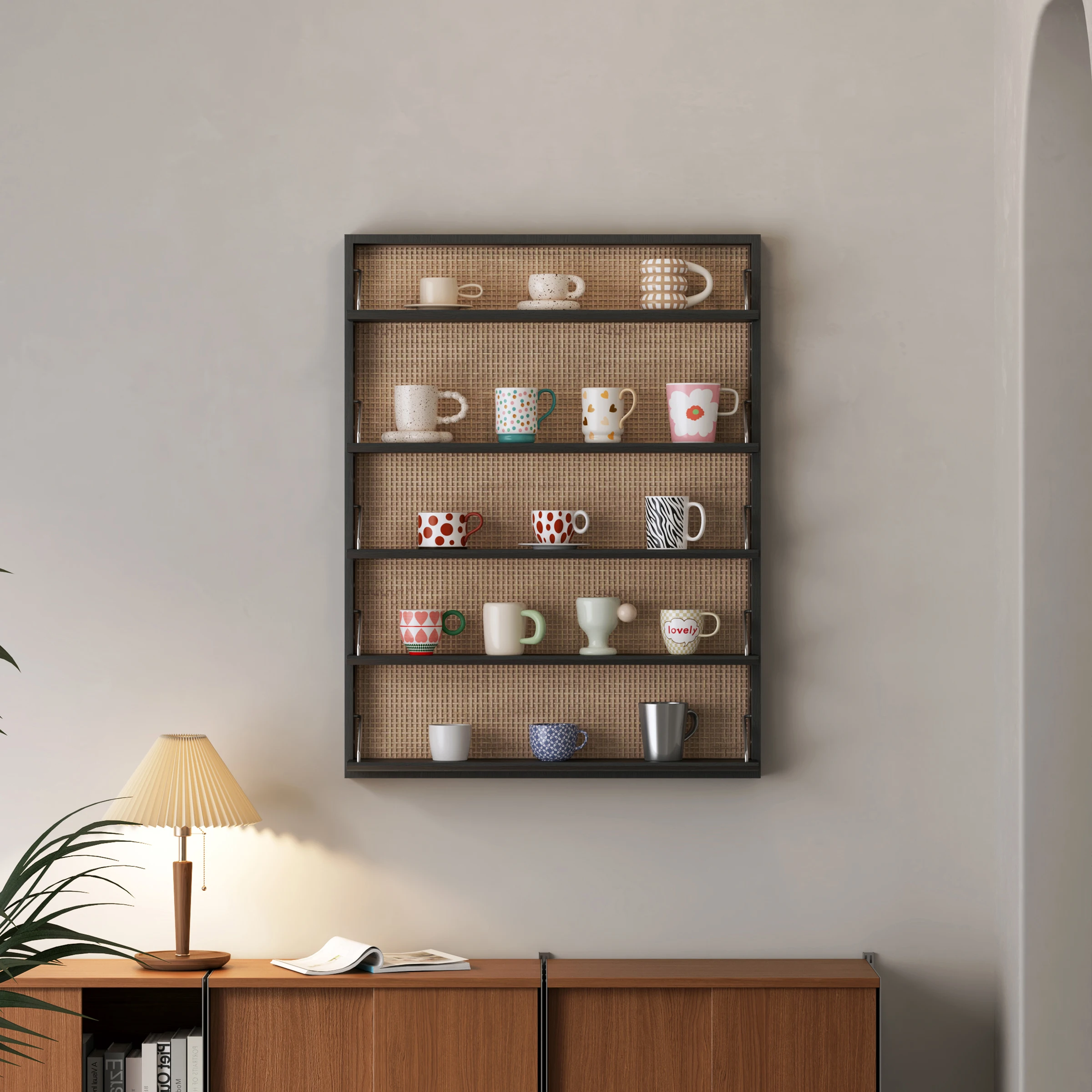 

White wall rattan rack medieval wall hanging cup holder living room wall display rack