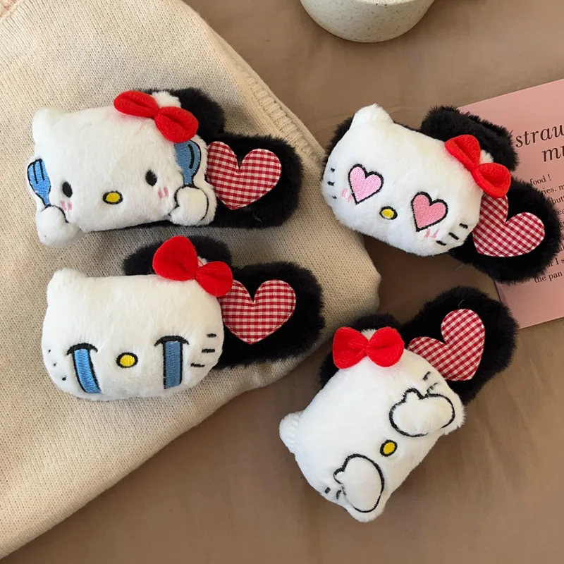 

Забавная пушистая серия «Hello Kitty», скретч для девочек, клетчатый бант в форме сердца, квадратный зажим в виде акулы, аксессуар для волос на затылке, подарки для макияжа