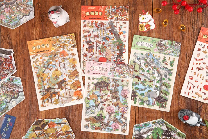 

Kawaii Season Theme Shrink Scene Stickers 3D Stereoscopic Landscape Stickers Puzzle Relief DIY Puzzle Stickers