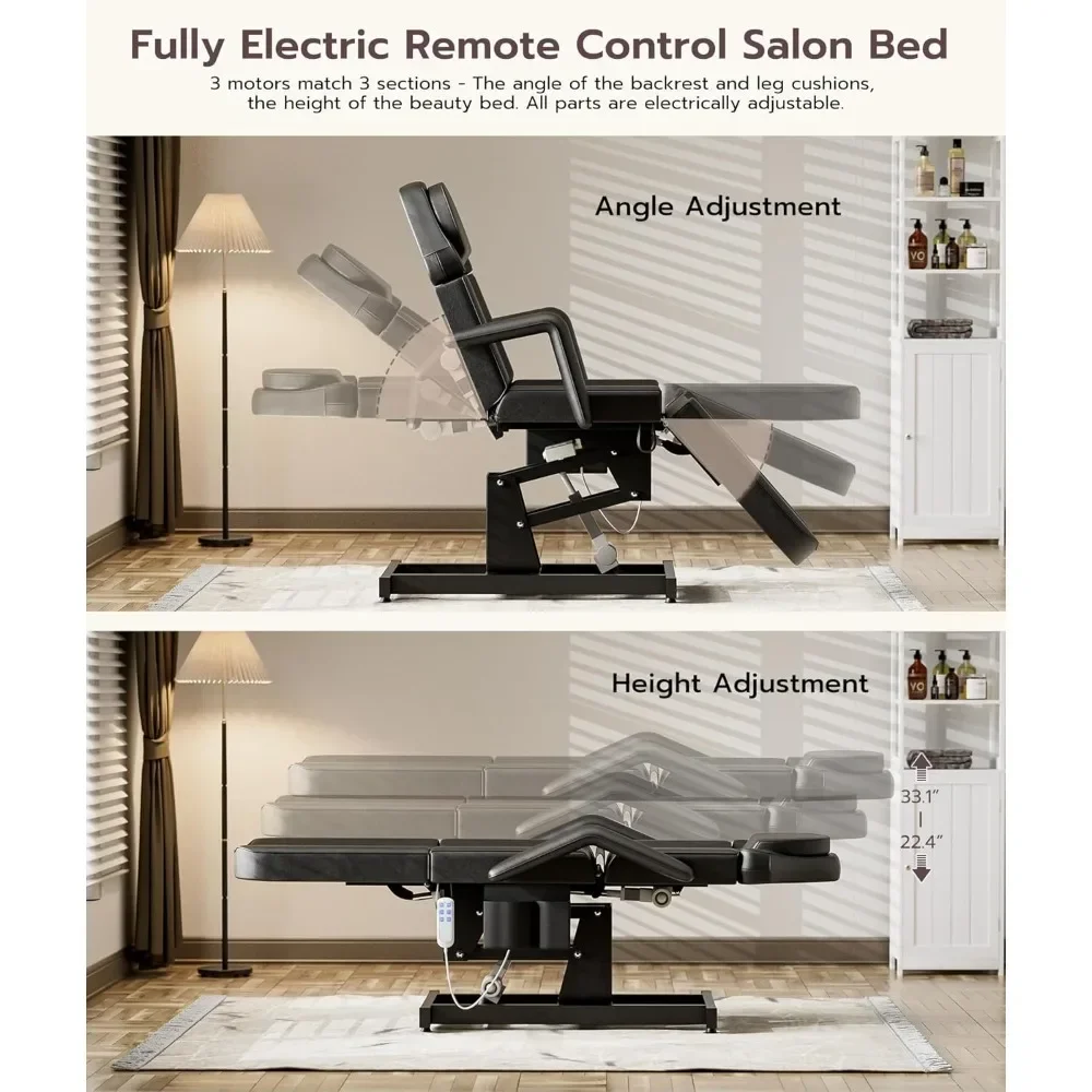 Electric Tattoo Bed Esthetician Spa Chair with 3 Motor, Remote Control Height and Angle, Beauty Bed Massage Table,Stool Included