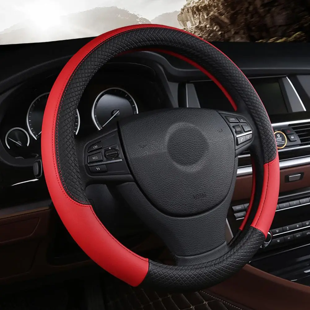 38cm Steering Wheel Cover PU Leather Anti Slip Steer Wheel Protector Breathable Fiber Braid Universal Steering Cover