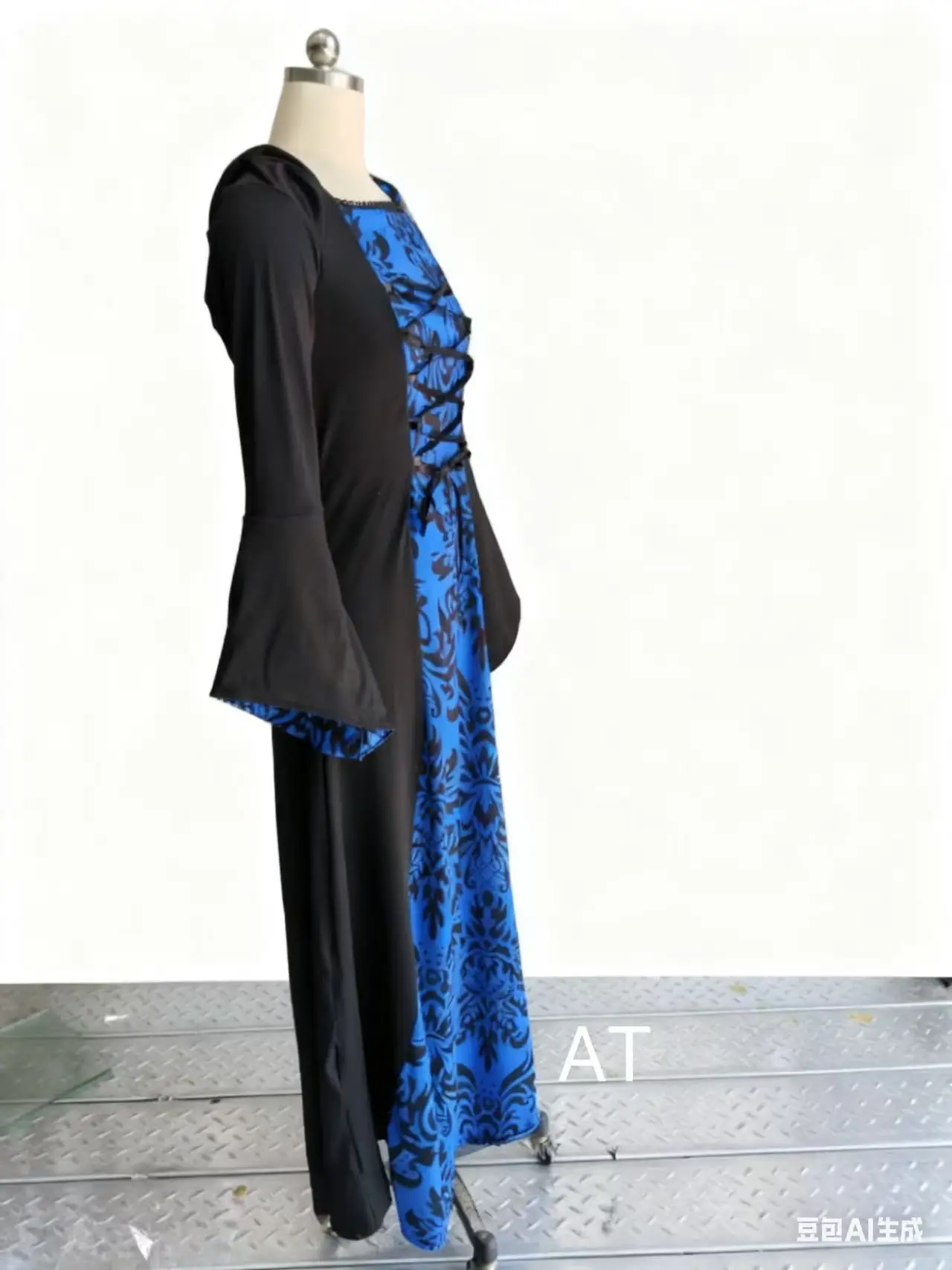 أزياء الهالوين فستان ويكا الساحرة في القرون الوسطى للنساء البالغات مقاس كبير بقلنسوة على الطراز القوطي مطبوع فستان ماكسي عصر النهضة الفيكتوري