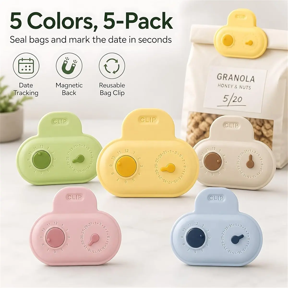 2sets Magnetic Bag Clip for Food Storage, 10 Piece Sealing Clip with Date, Cute Snack Clip, Kitchen Accessory