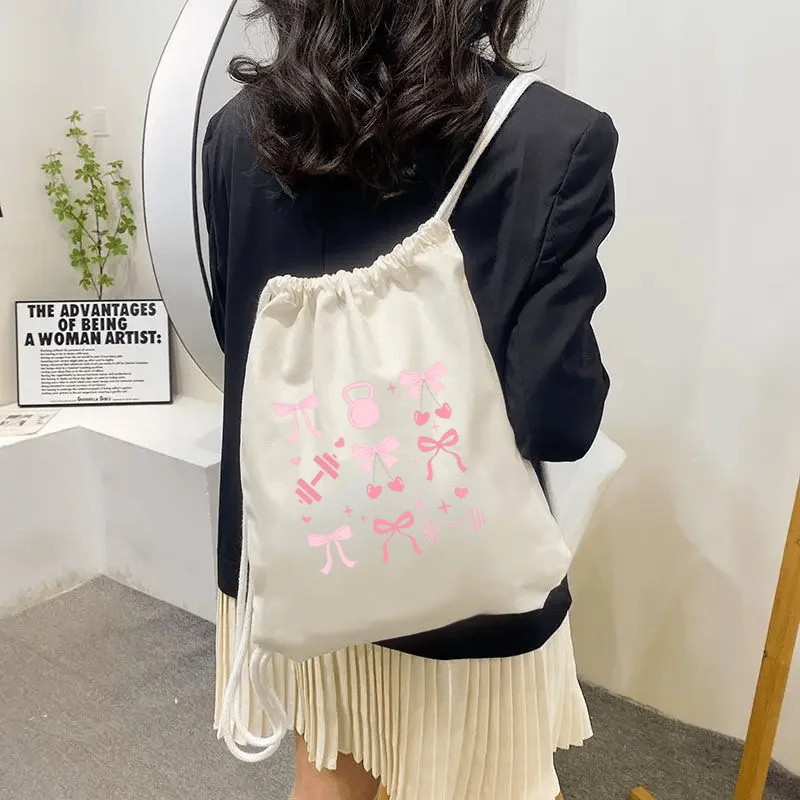 

Cute Cartoon Bowknot Print Women's Drawstring Bag, Fashionable Commuter Fitness Bag Casual Drawstring Pouch for Back To School