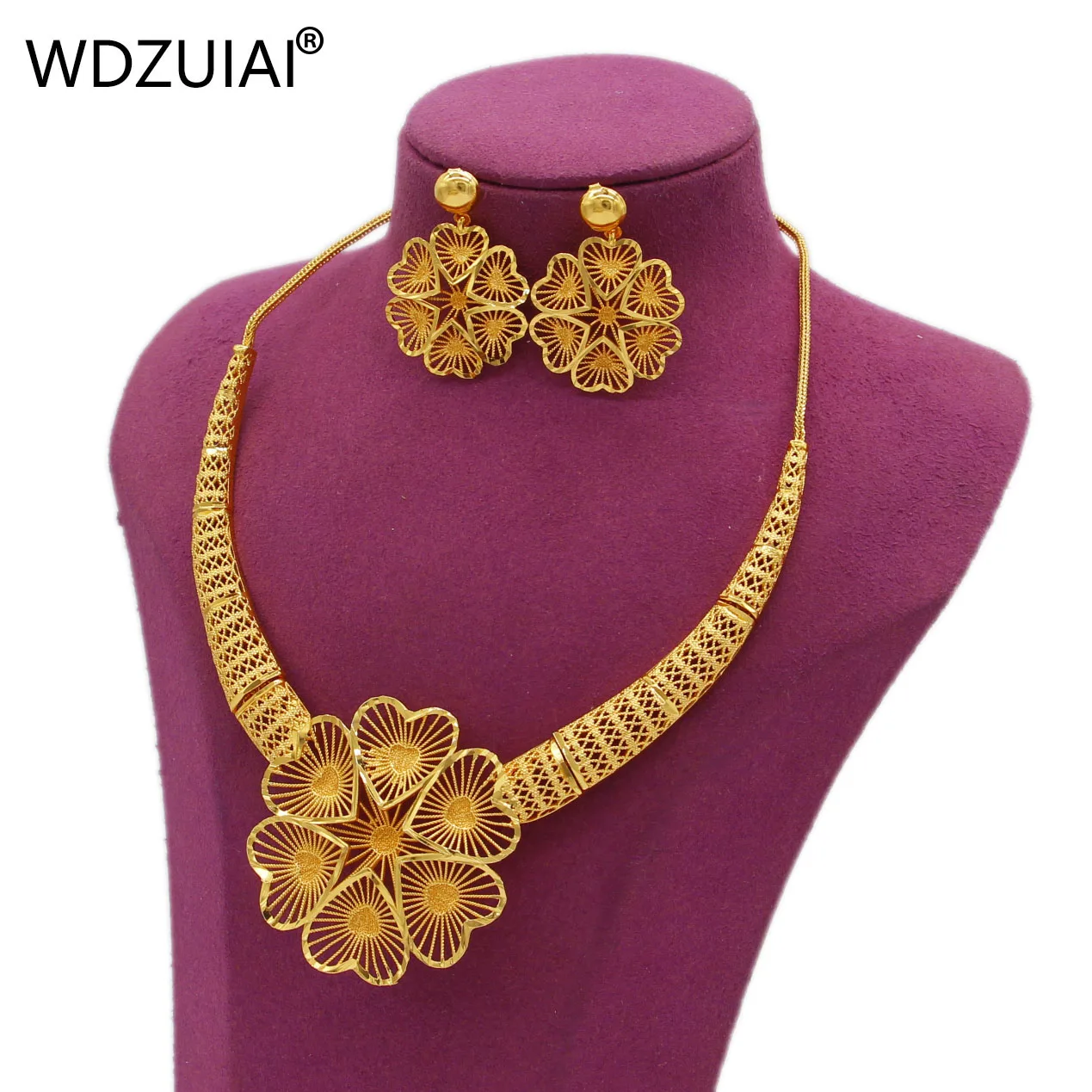 WDZUIAI Six Hearts Shape Necklace/Earrings Sets Gold Color for Women Girls Trendy Jewelry African Ethiopian Arab Wedding Jewelry