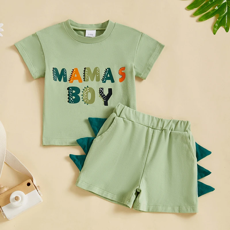 Infant Kids Dino Outfit Set with Printed Tee and Elastic Waist Shorts Cute Dinosaur Pattern Comfortable Fit Summer Wear