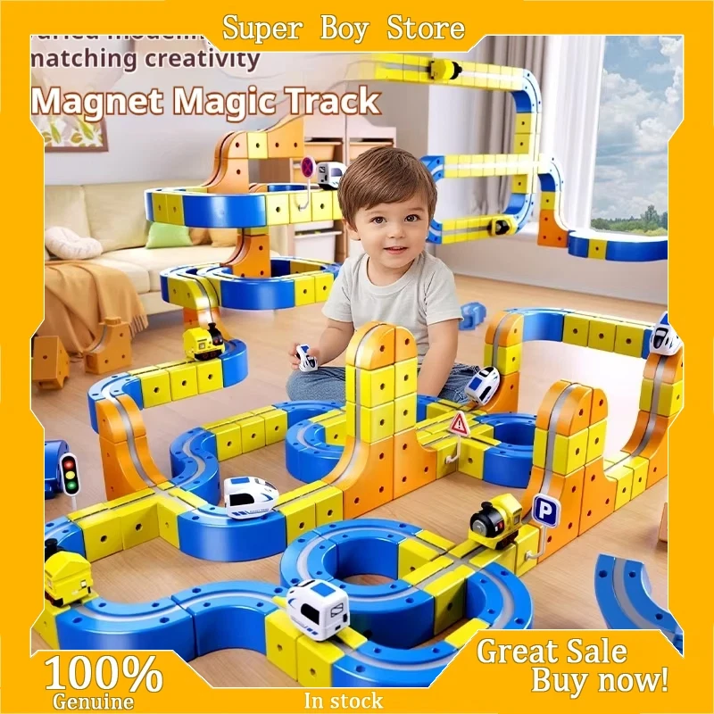 Auto da pista magnetica elettrica per bambini Binario ad alta velocità Assemblaggio fai-da-te Puzzle Cube Toy per ragazzi Giocano a veicoli e modelli regalo