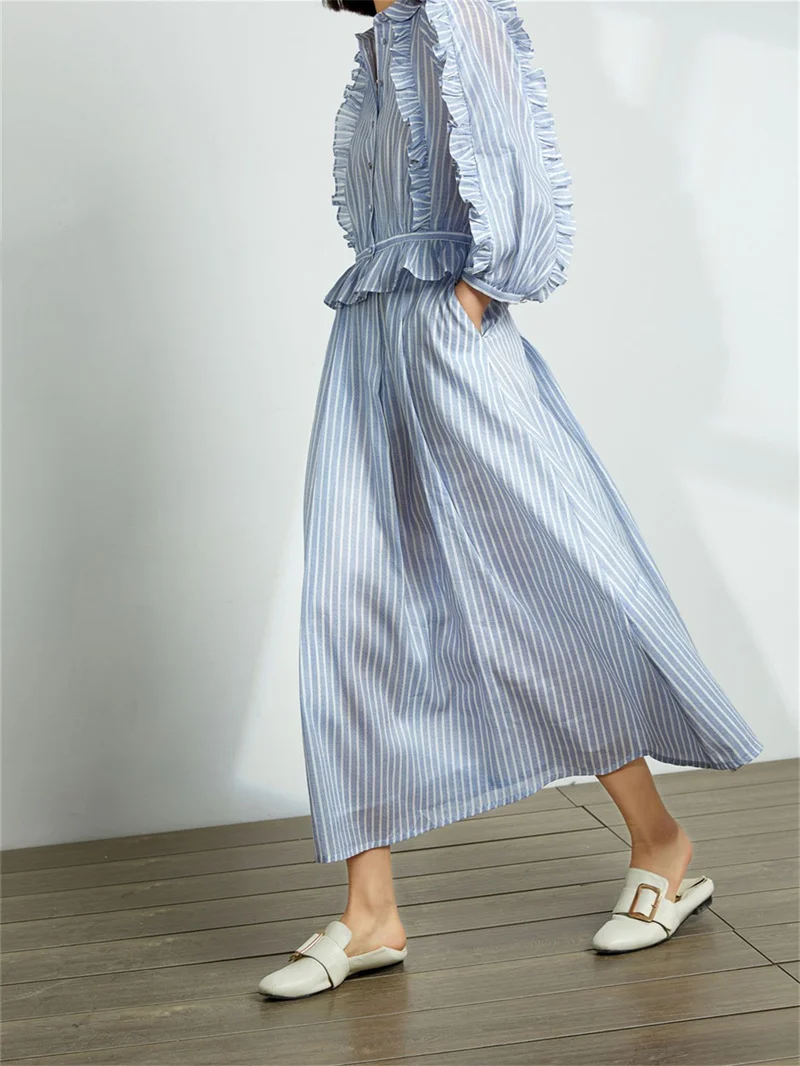 

Female Cotton Ramie Blend Fashion Sweet A-Line Jupe Summer 2024 New Women's High Waist Striped Loose Midi Skirt